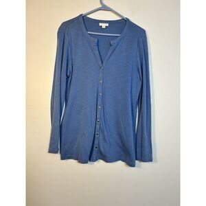 J Jill Tunic Cardigan Sz M Blue 100% Pima Cotton Preppy contemporary V Neck